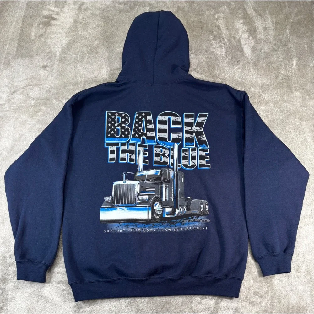Gildan Hoodie Mens Large Navy Blue Good Back The Blue Semi Truck Graphic Support